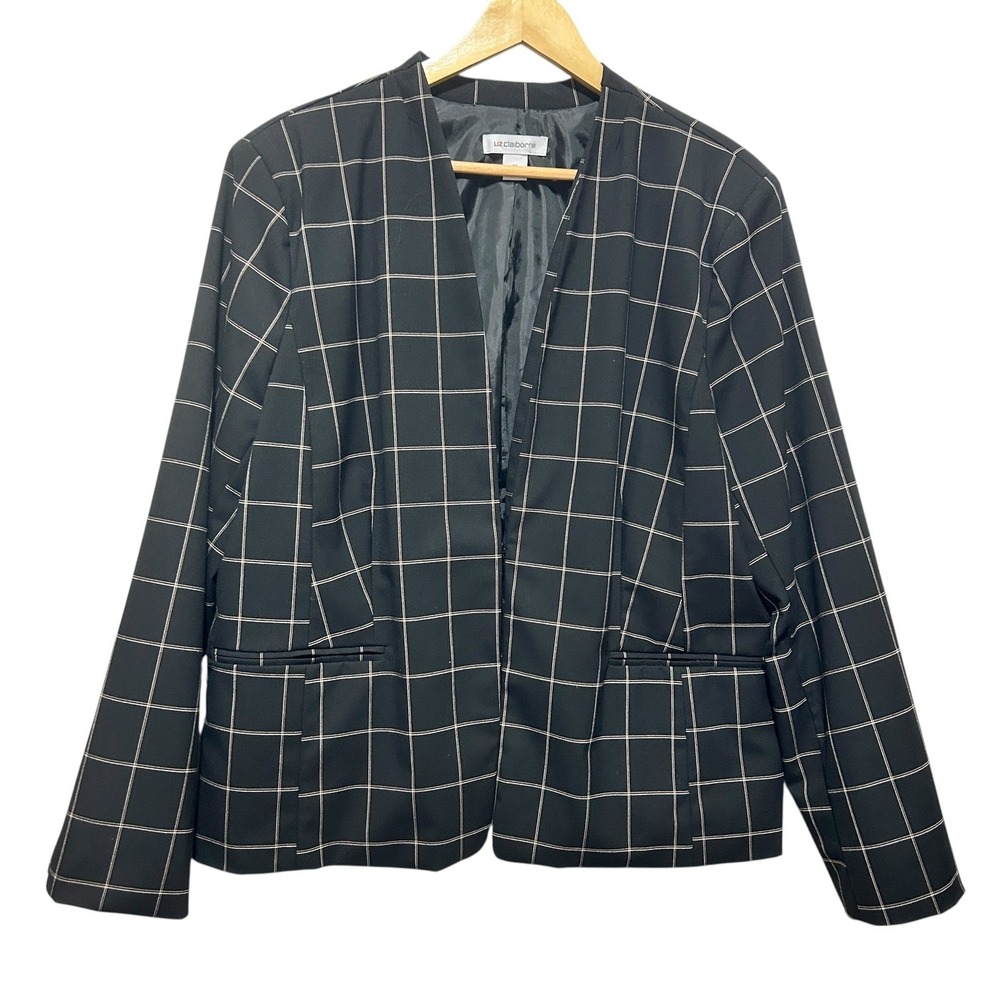 Liz Claiborne Womens Dark Academia Plaid Blazer 18 Black Open Front Professional